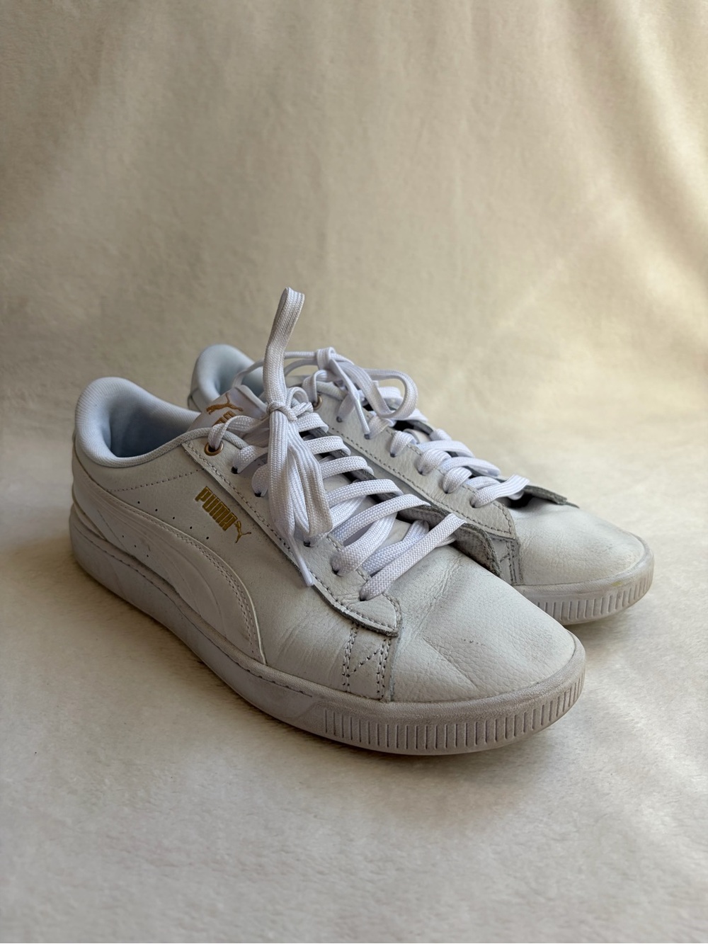 Puma Vikky V3 White Leather Classic Sneakers with Gold Logo